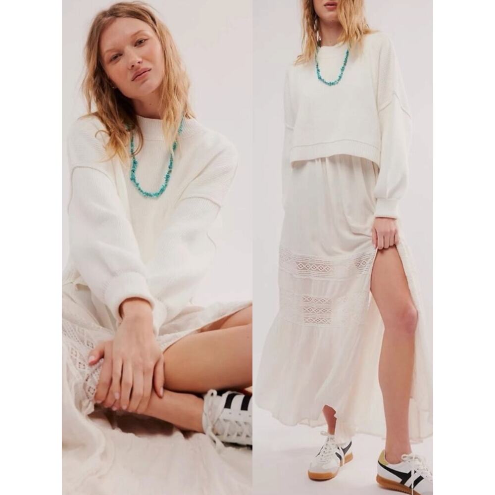 Free People Easy Street Crop Pullover Sweater in White Size Large Preppy Fall - Picture 6 of 16